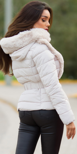 faux fur winter jacket with hood Beige